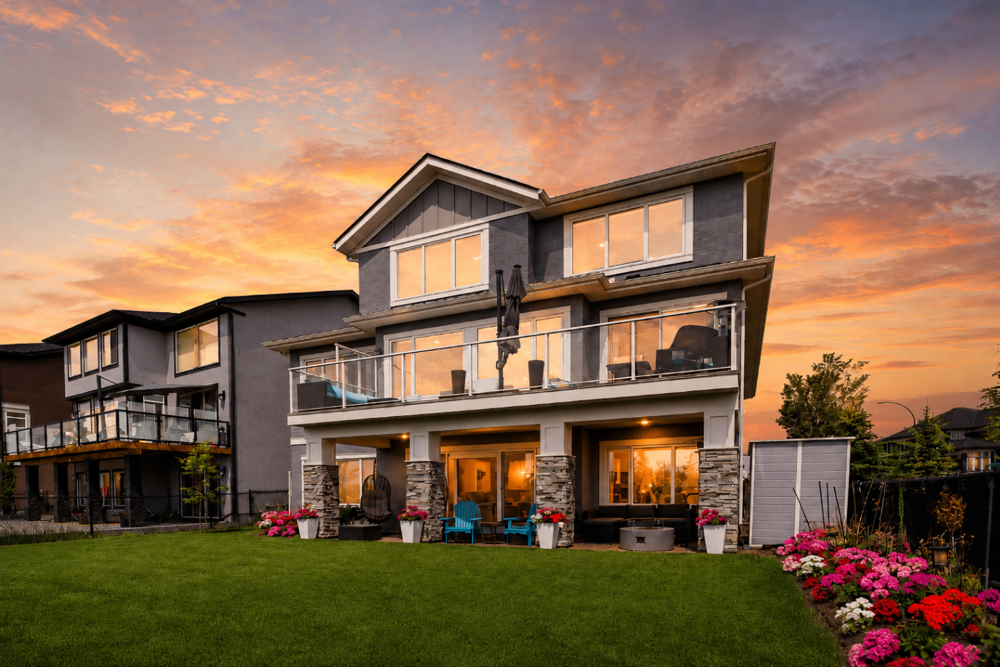 Rear exterior at sunset from the backyard