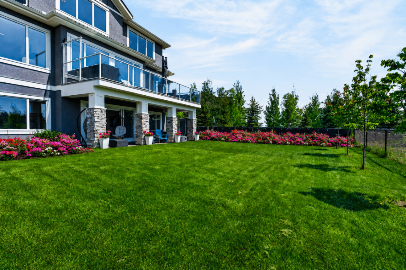 Side angle of backyard and flower beds